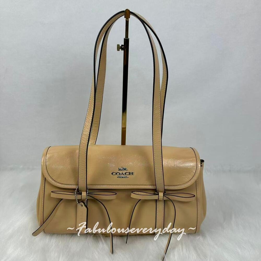 Coach Bridget Flap Shoulder Bag With Bows In Leather CDY94 Silver/Light Sand NWT
